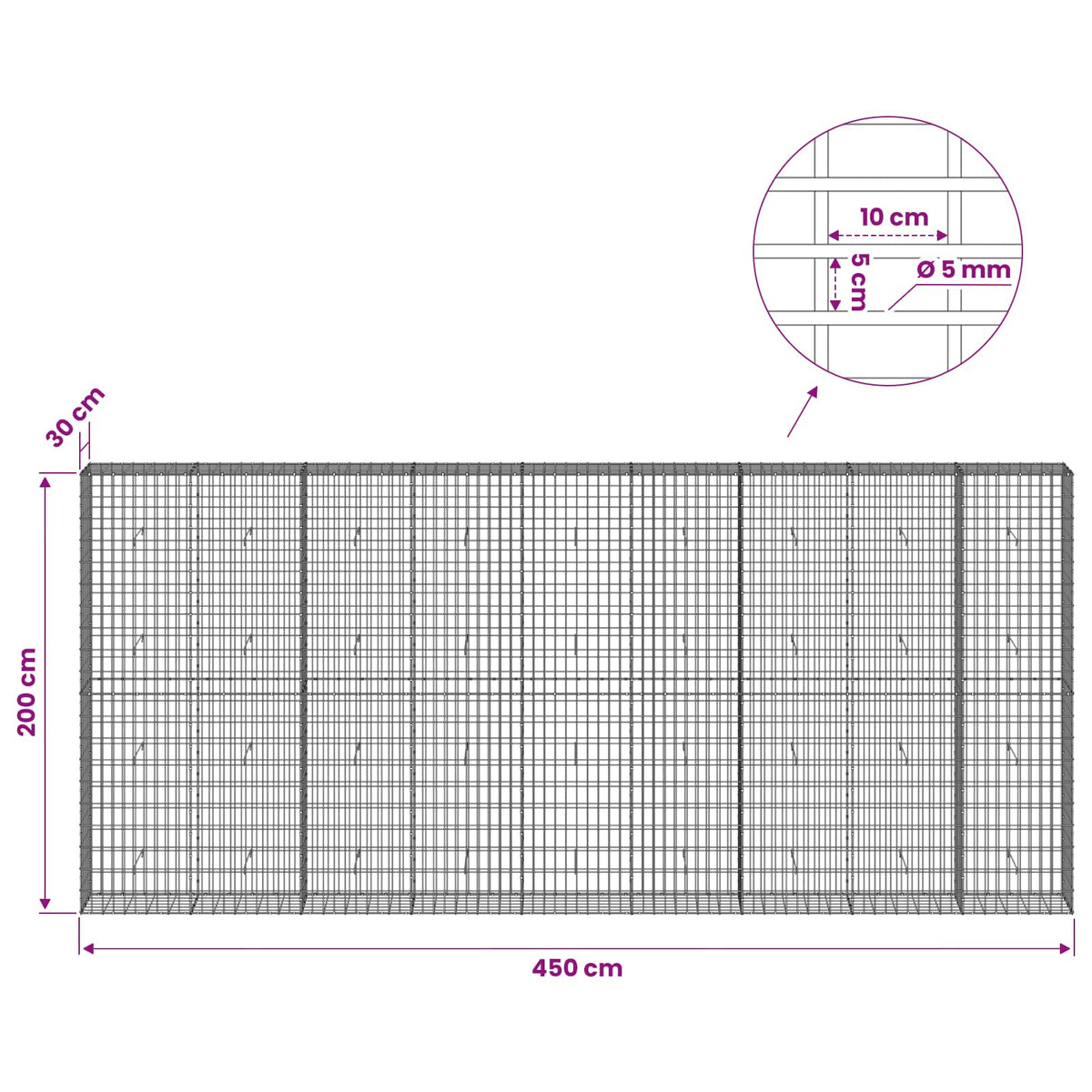 Gabionas su 5 mm Viela ir 5x10 cm Tinkleliu 450x30x200 cm