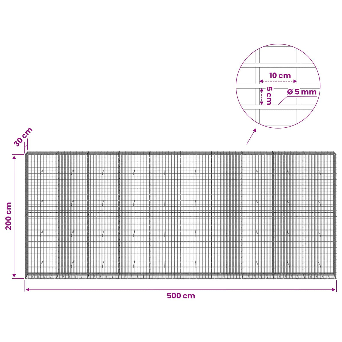 Gabionas su 5 mm Viela ir 5x10 cm Tinkleliu 500x30x200 cm