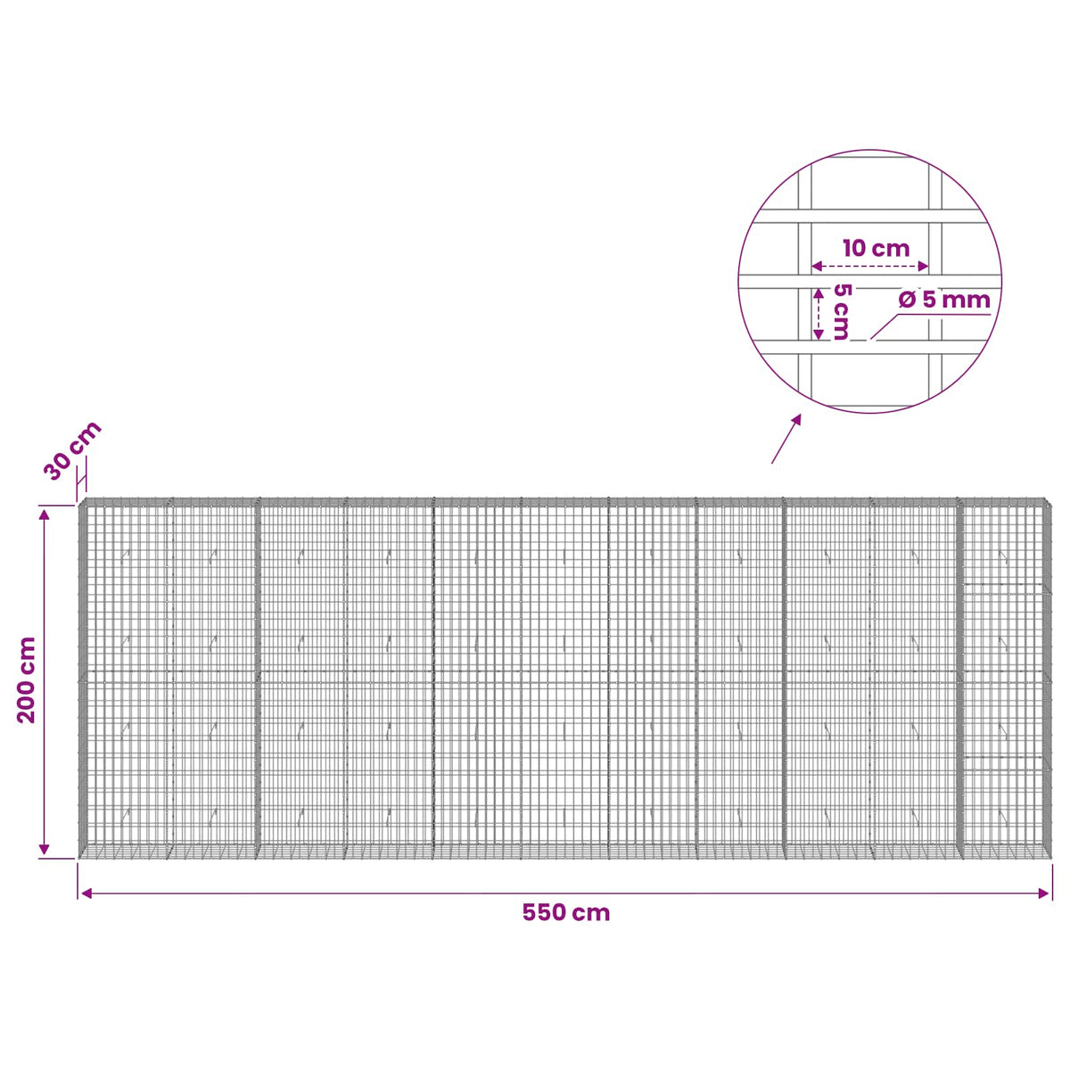 Gabionas su 5 mm viela ir 5x10 cm tinkleliu 550x30x200 cm