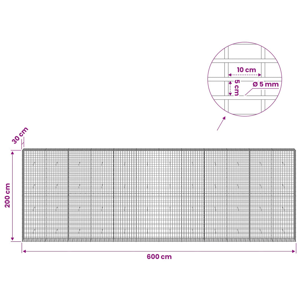 Gabionas su 5 mm Viela ir 5x10 cm Tinkleliu 600x30x200 cm