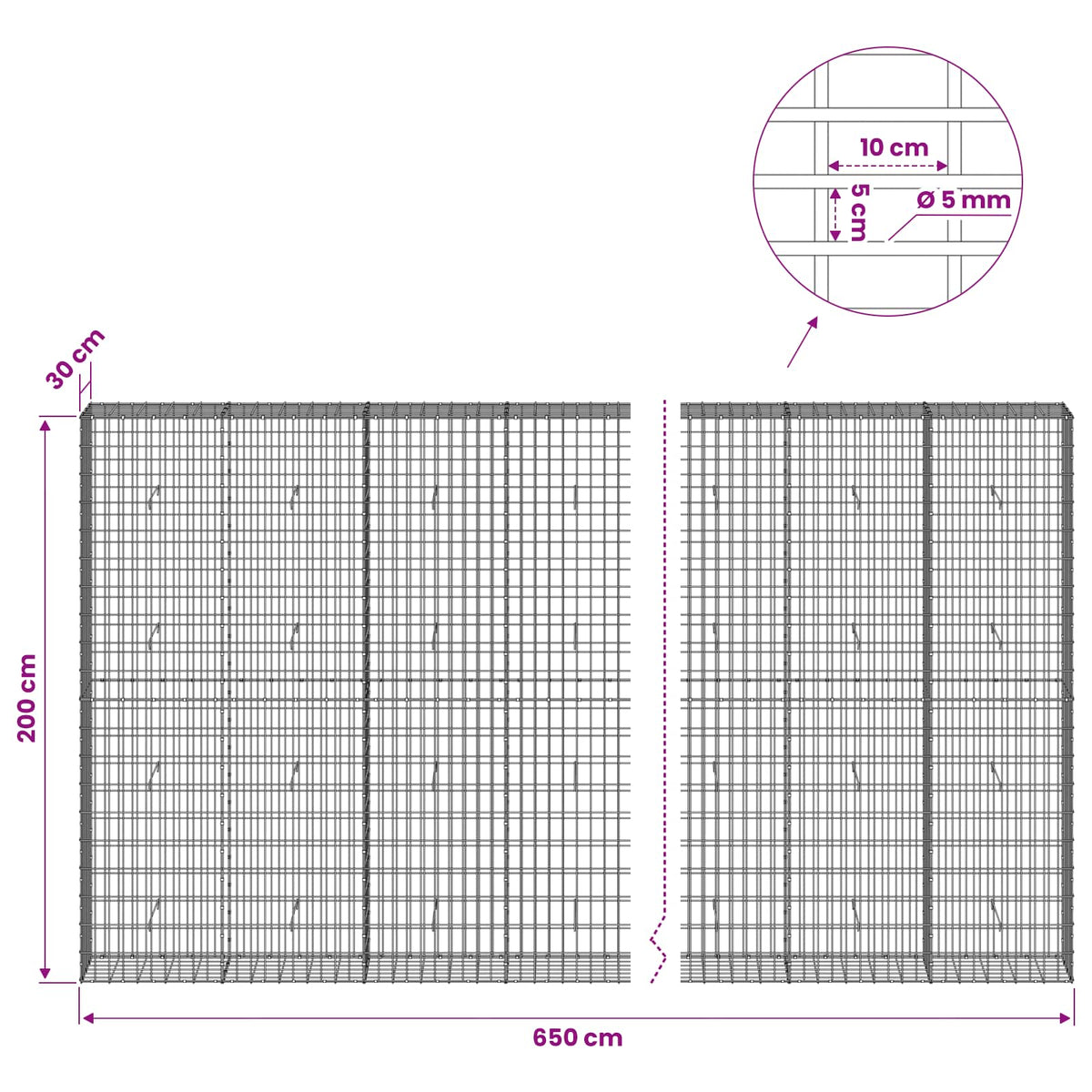 Gabionas su 5 mm Viela ir 5x10 cm Tinkleliu 650x30x200 cm
