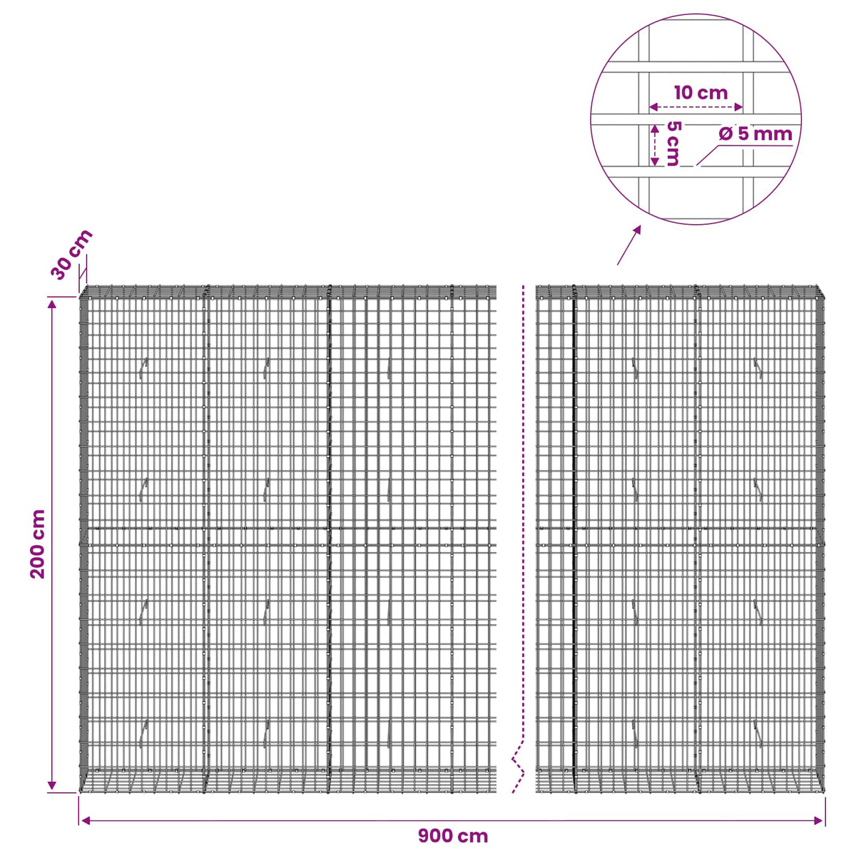 Gabionas su 5 mm Viela ir 5x10 cm Tinkleliu 900x30x200 cm