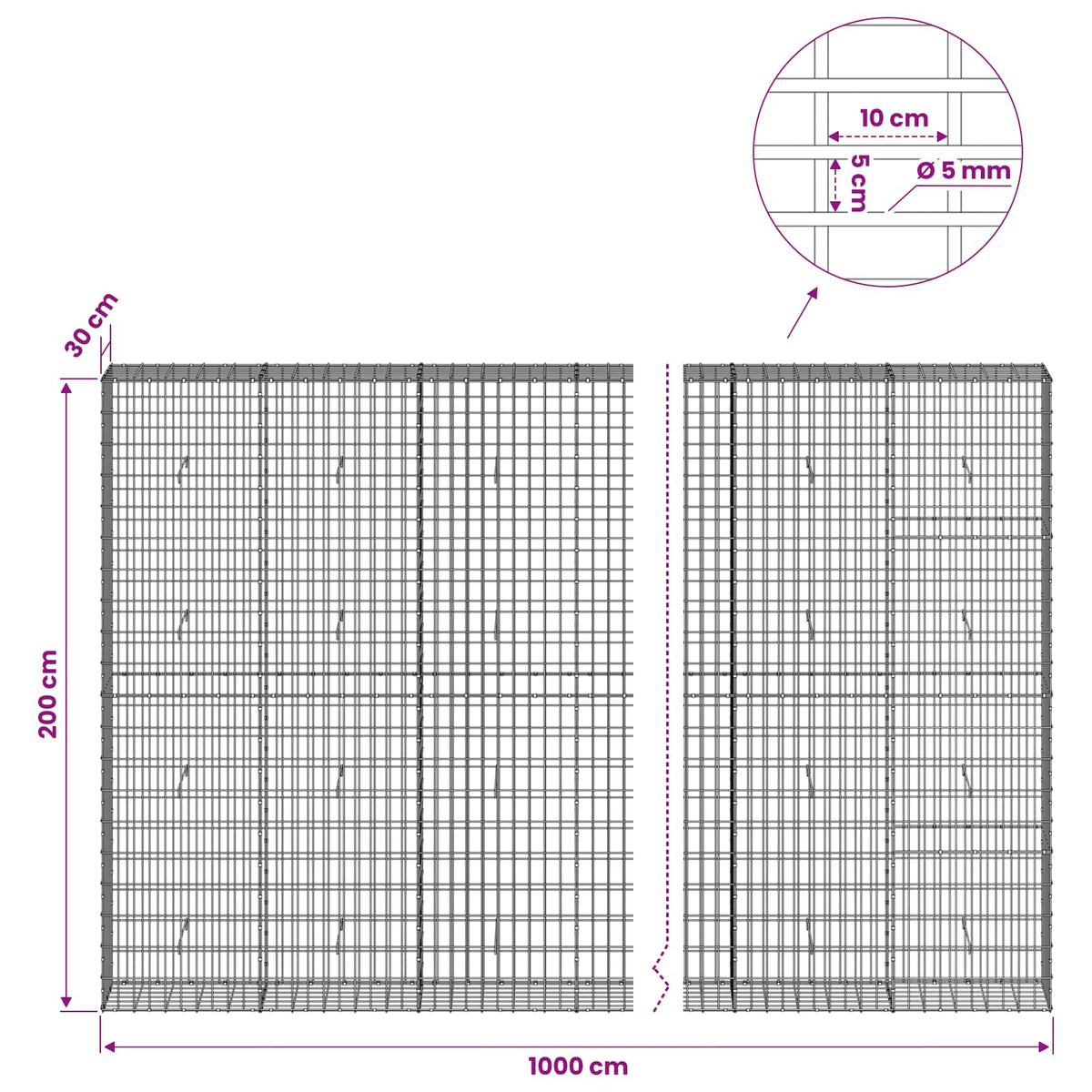 Gabionas su 5 mm viela ir 5x10 cm tinkleliu 1000x30x200 cm
