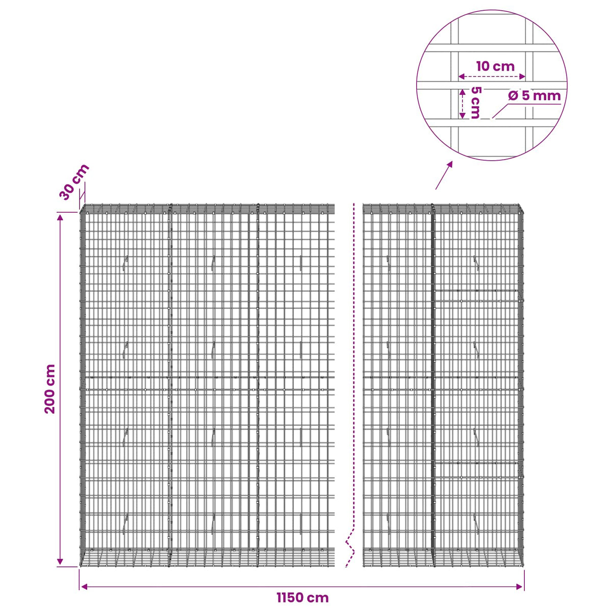 Gabionas su 5 mm viela ir 5x10 cm tinkleliu 1150x30x200 cm