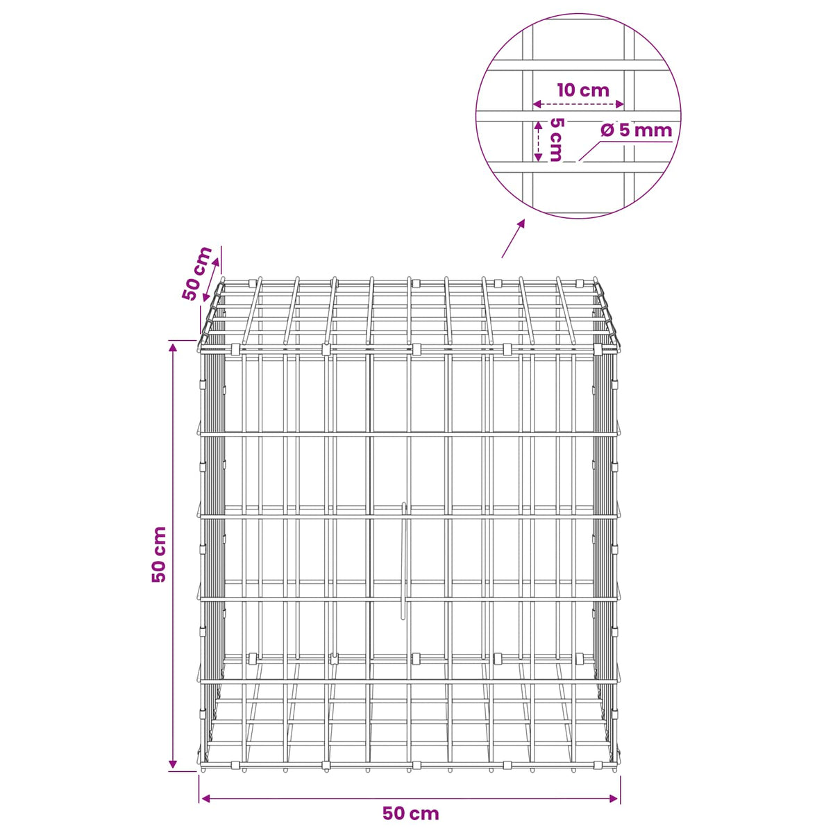 Gabionas su 5 mm Viela ir 5x10 cm Tinkleliu 50x50x50 cm