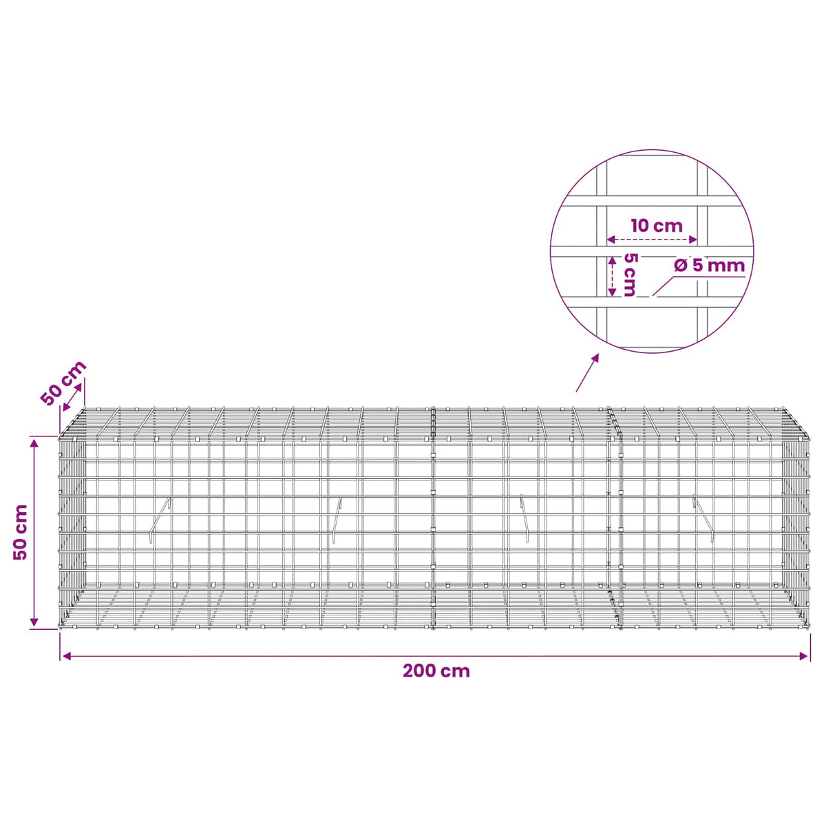 Gabionas su 5 mm Viela ir 5x10 cm Tinkleliu 200x50x50 cm