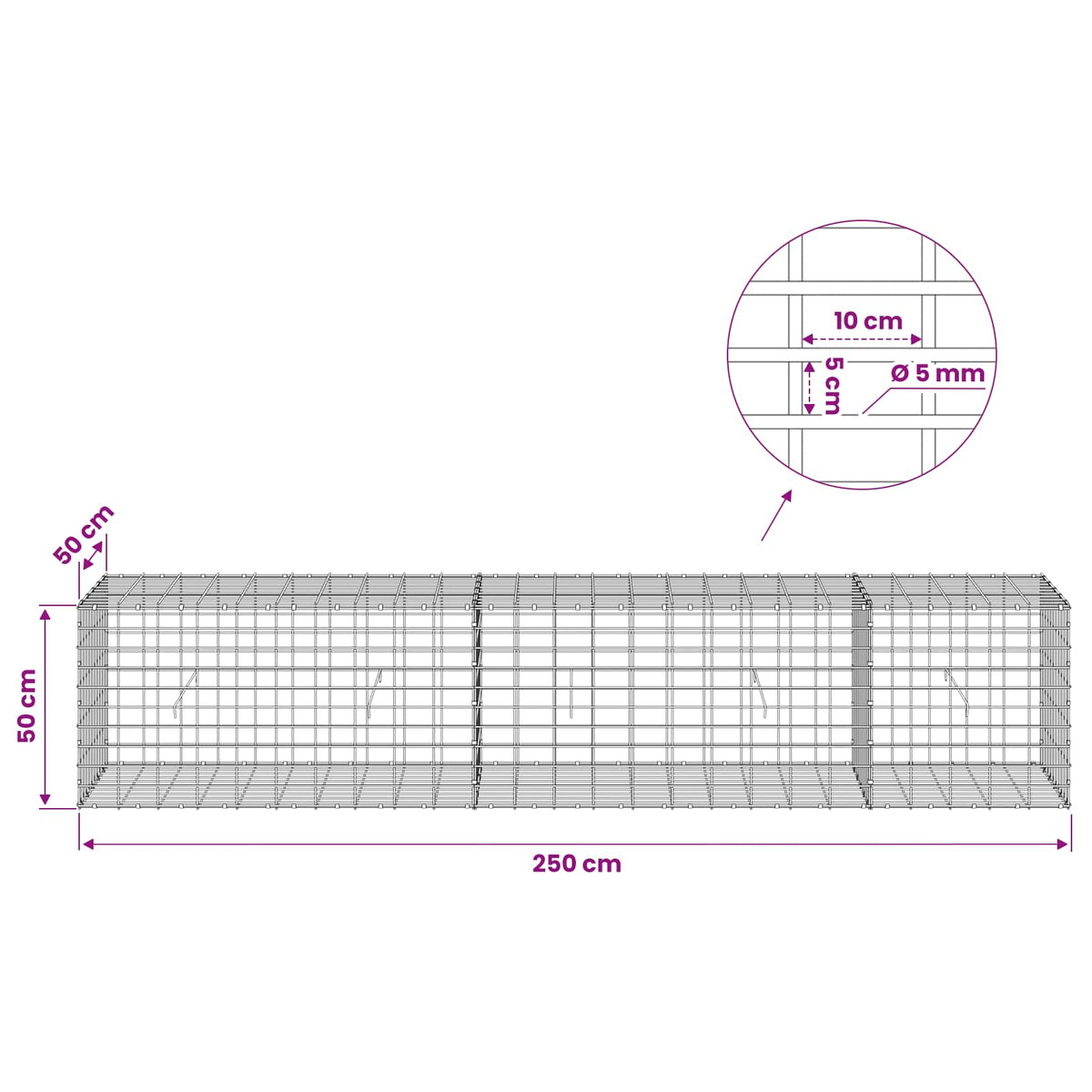 Gabionas su 5 mm Viela ir 5x10 cm Tinkleliu 250x50x50 cm