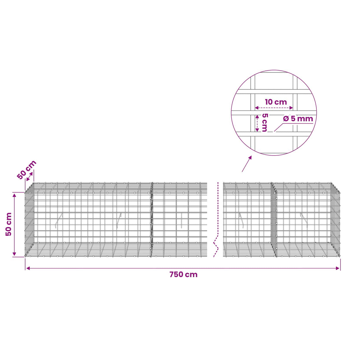 Gabionas su 5 mm viela ir 5x10 cm tinkleliu 750x50x50 cm