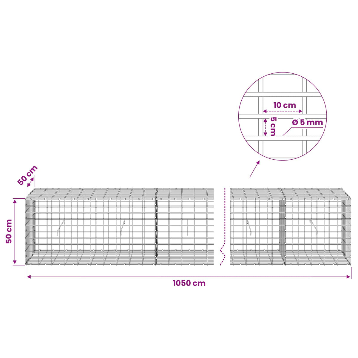 Gabionas su 5 mm viela ir 5x10 cm tinkleliu 1050x50x50 cm