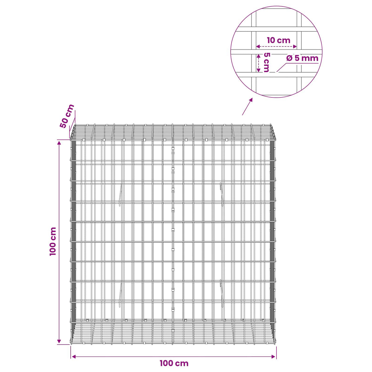 Gabionas su 5 mm Viela ir 5x10 cm Tinkleliu 100x50x100 cm