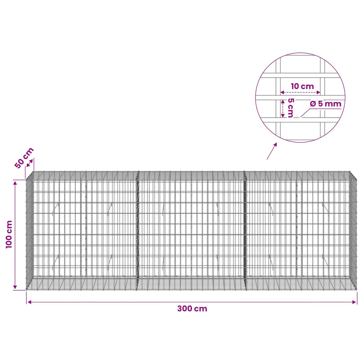 Gabionas su 5 mm Viela ir 5x10 cm Tinkleliu 300x50x100 cm