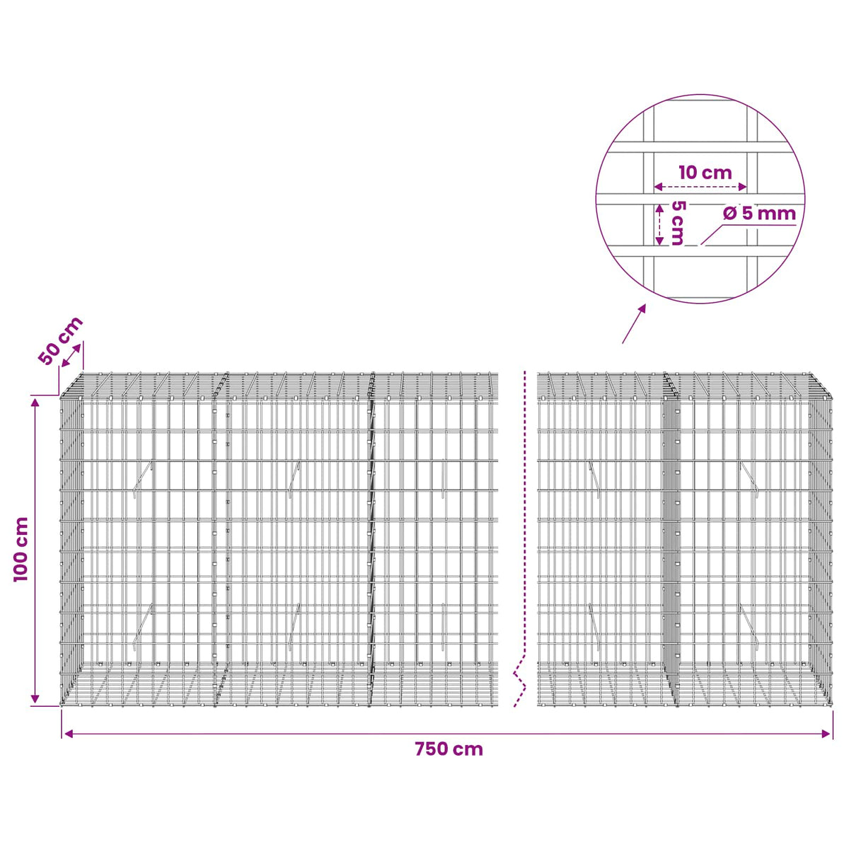 Gabionas su 5 mm viela ir 5x10 cm tinkleliu 750x50x100 cm