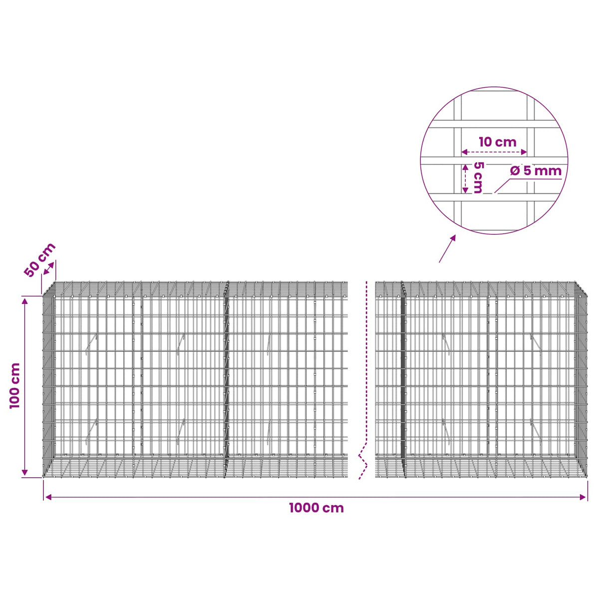 Gabionas su 5 mm Viela ir 5x10 cm Tinkleliu 1000x50x100 cm