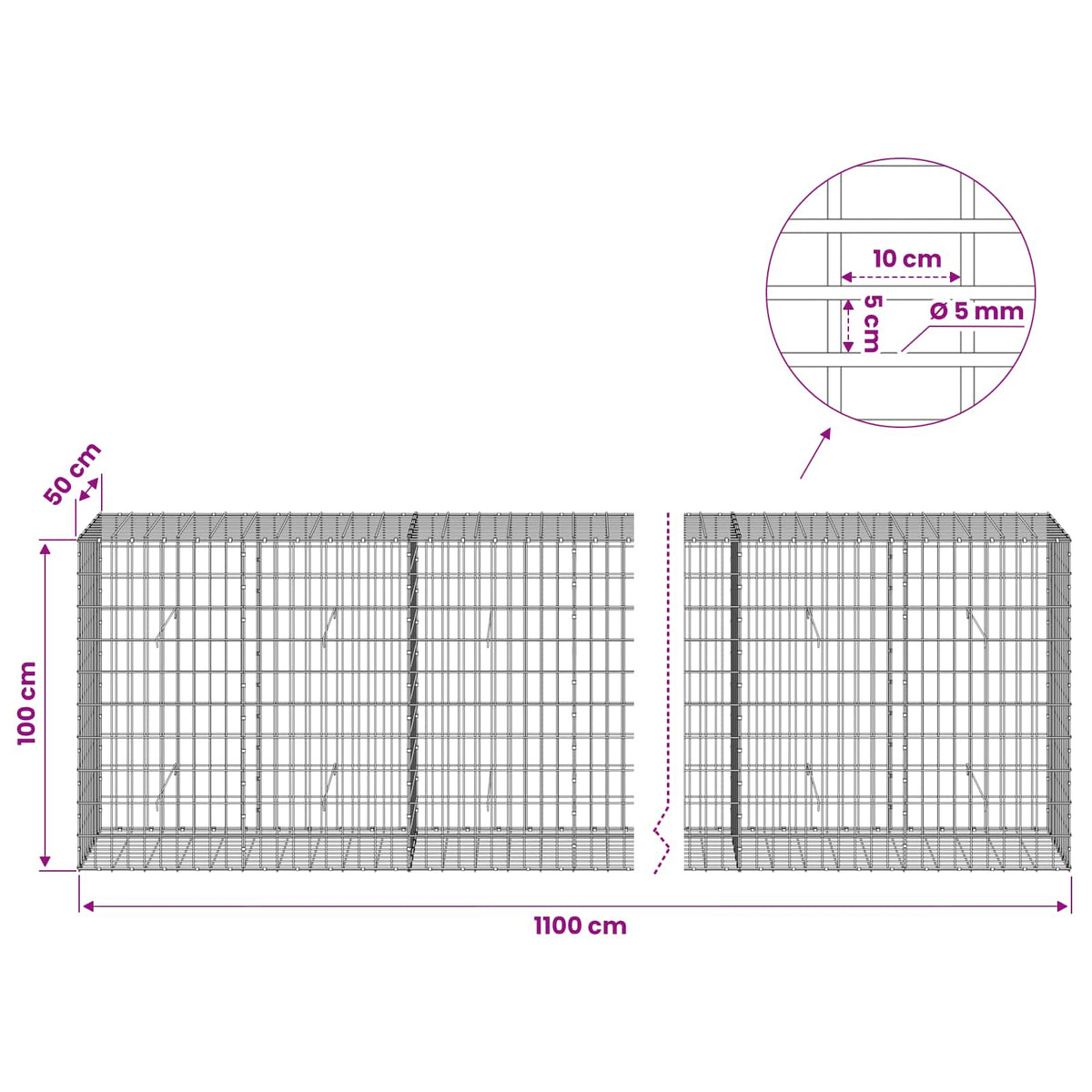 Gabionas su 5 mm viela ir 5x10 cm tinkleliu 1100x50x100 cm