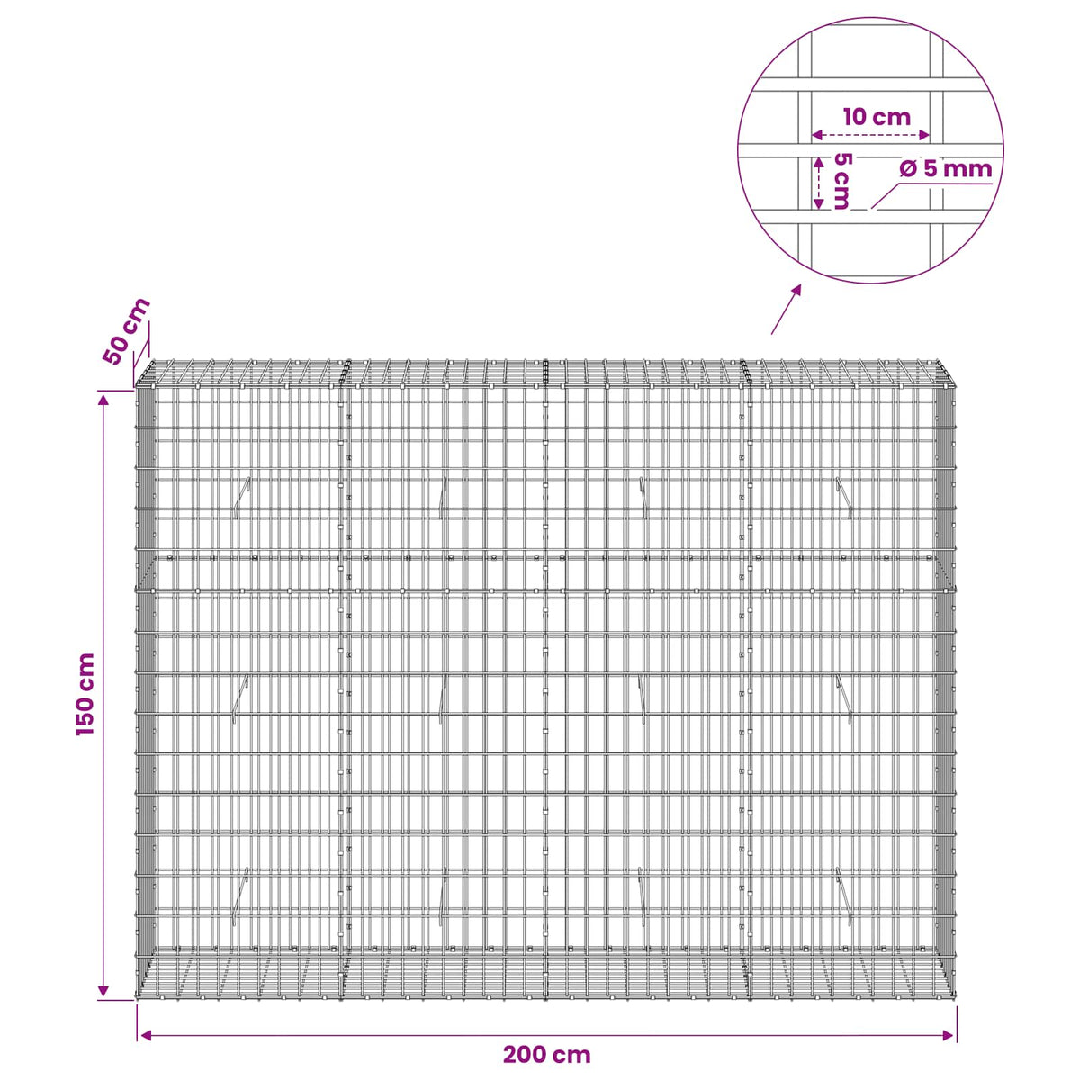 Gabionas su 5 mm viela ir 5x10 cm tinkleliu 200x50x150 cm