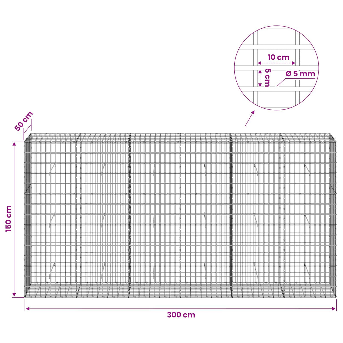 Gabionas su 5 mm viela ir 5x10 cm tinkleliu 300x50x150 cm