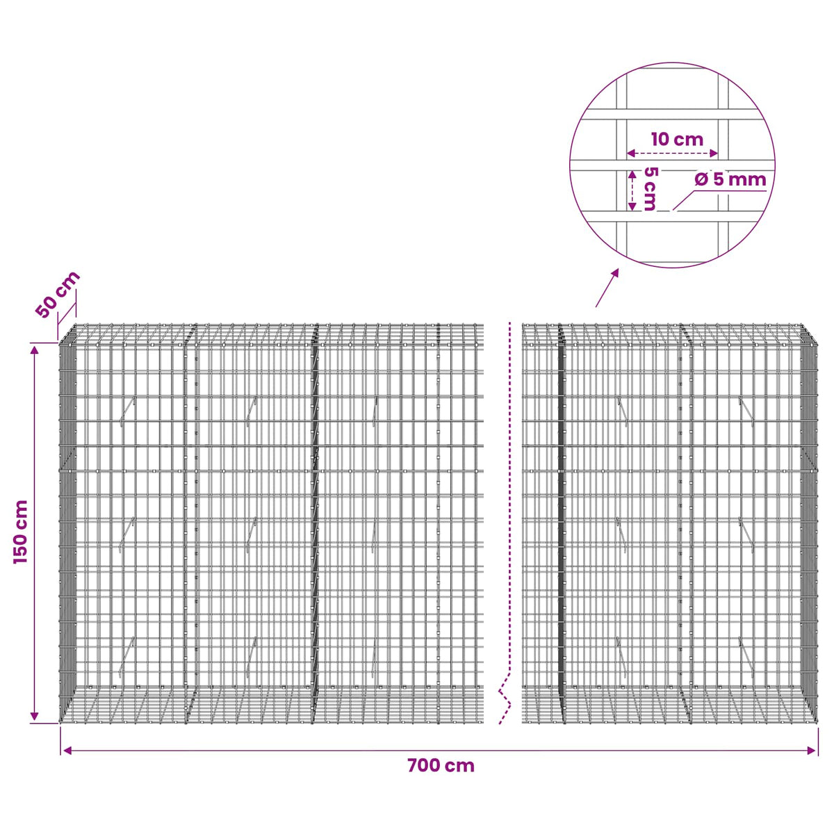Gabionas su 5 mm viela ir 5x10 cm tinkleliu 700x50x150 cm