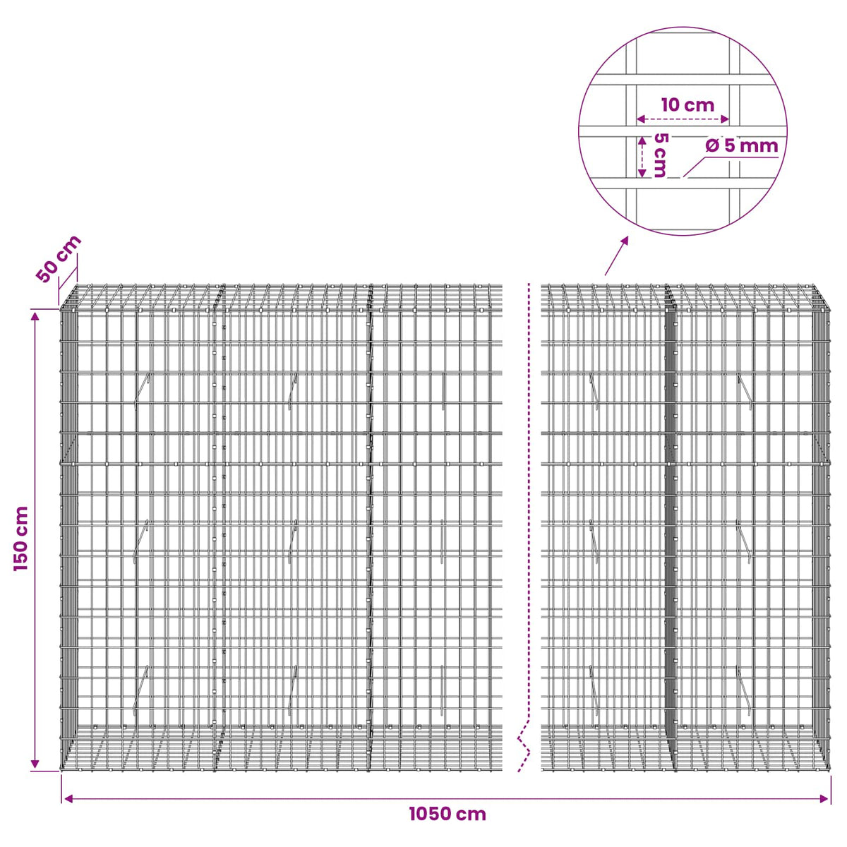 Gabionas su 5 mm viela ir 5x10 cm tinkleliu 1050x50x150 cm