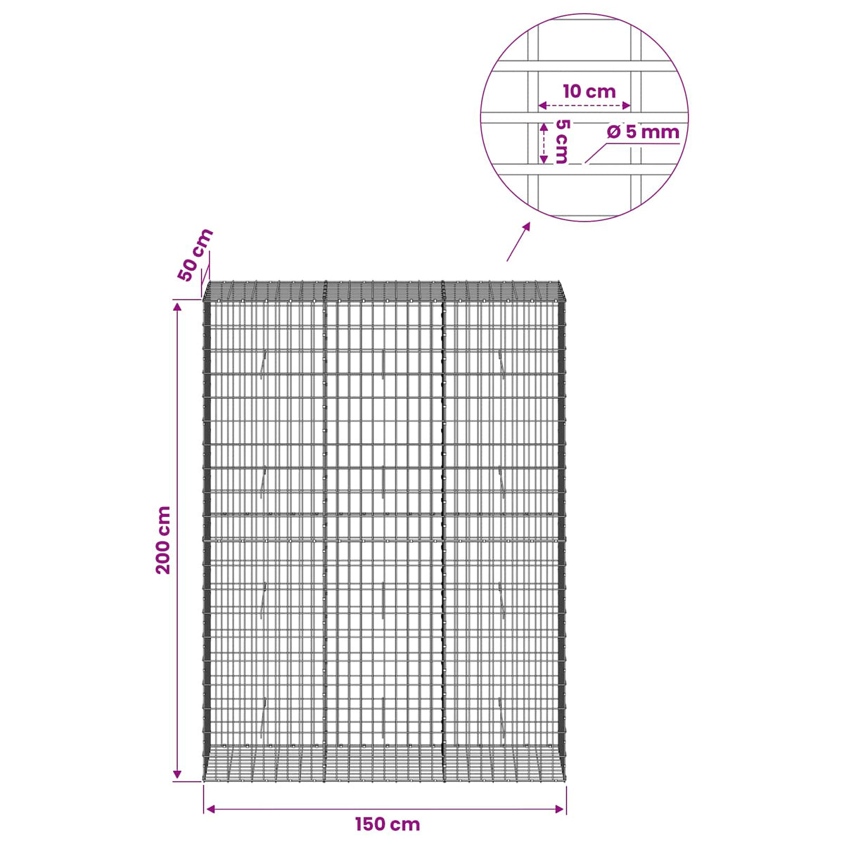 Gabionas su 5 mm viela ir 5x10 cm tinkleliu 150x50x200 cm