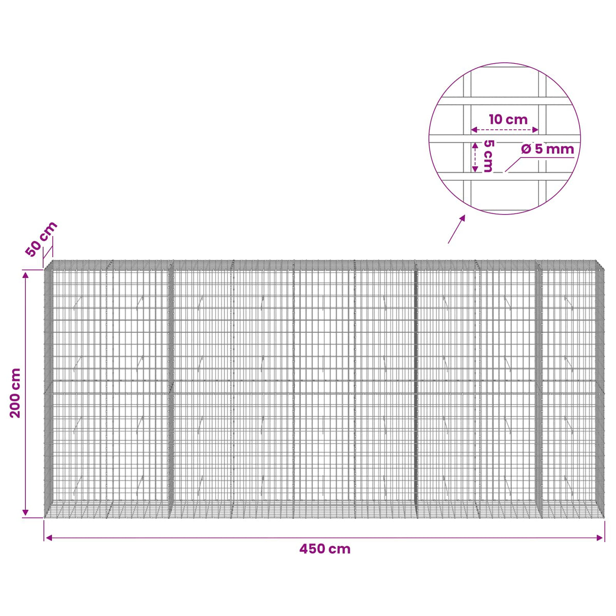 Gabionas su 5 mm viela ir 5x10 cm tinkleliu 450x50x200 cm