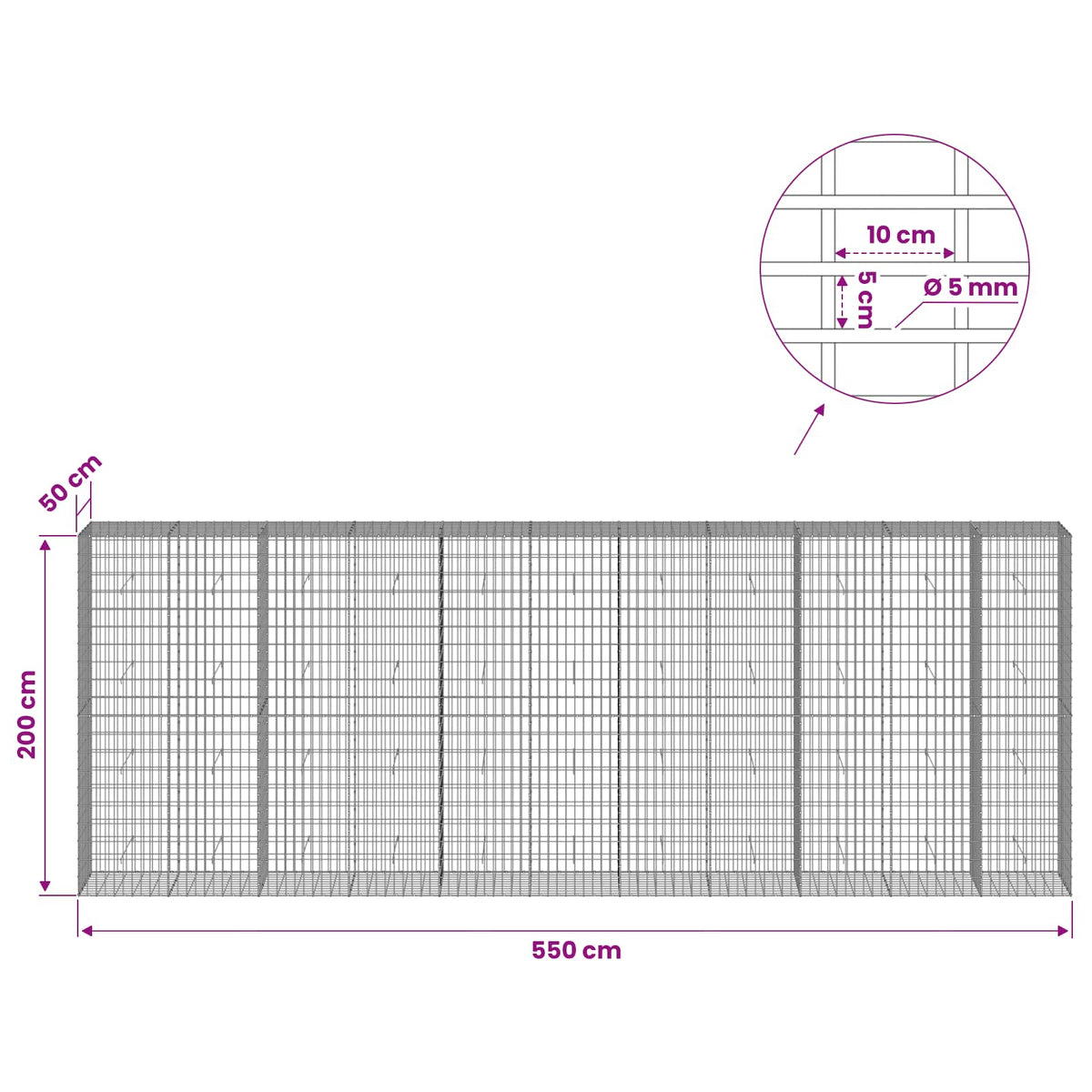 Gabionas su 5 mm viela ir 5x10 cm tinkleliu 550x50x200 cm