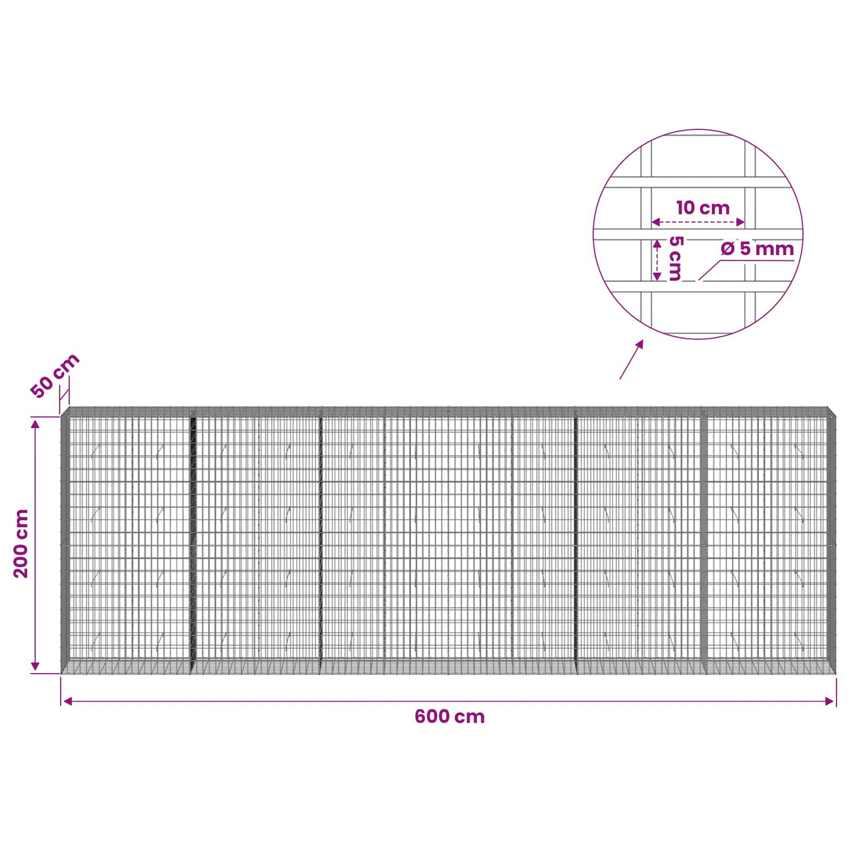 Gabionas su 5 mm Viela ir 5x10 cm Tinkleliu 600x50x200 cm