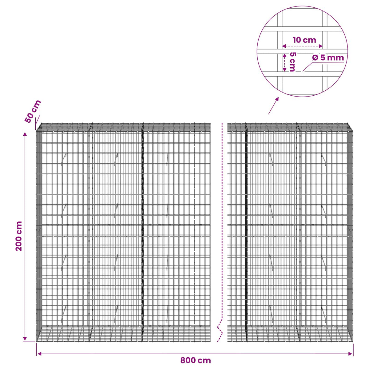 Gabionas su 5 mm viela ir 5x10 cm tinkleliu 800x50x200 cm