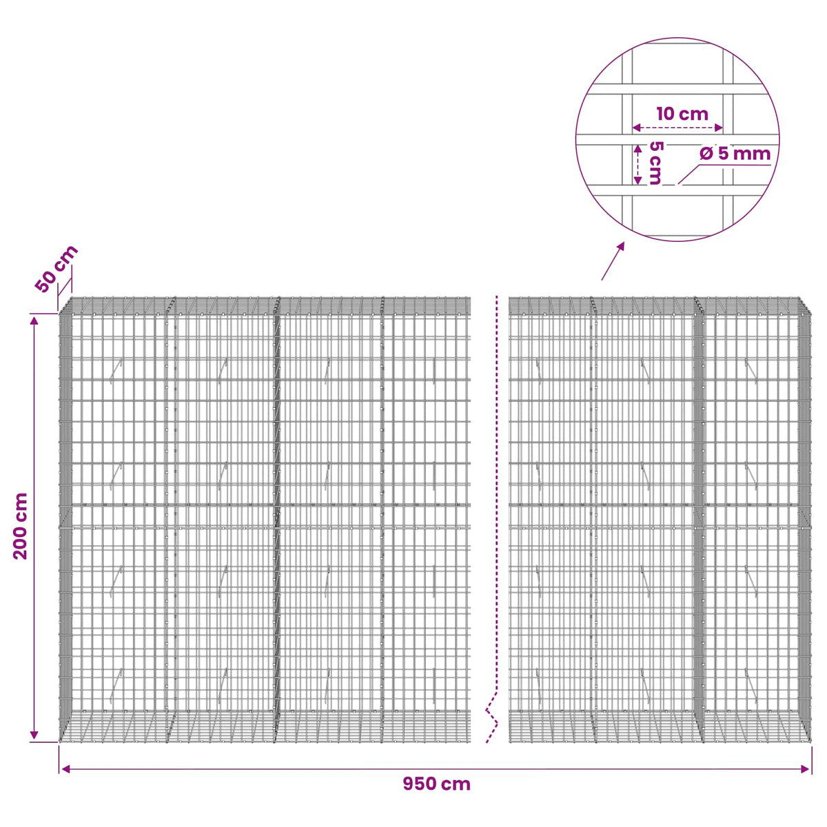 Gabionas su 5 mm viela ir 5x10 cm tinkleliu 950x50x200 cm