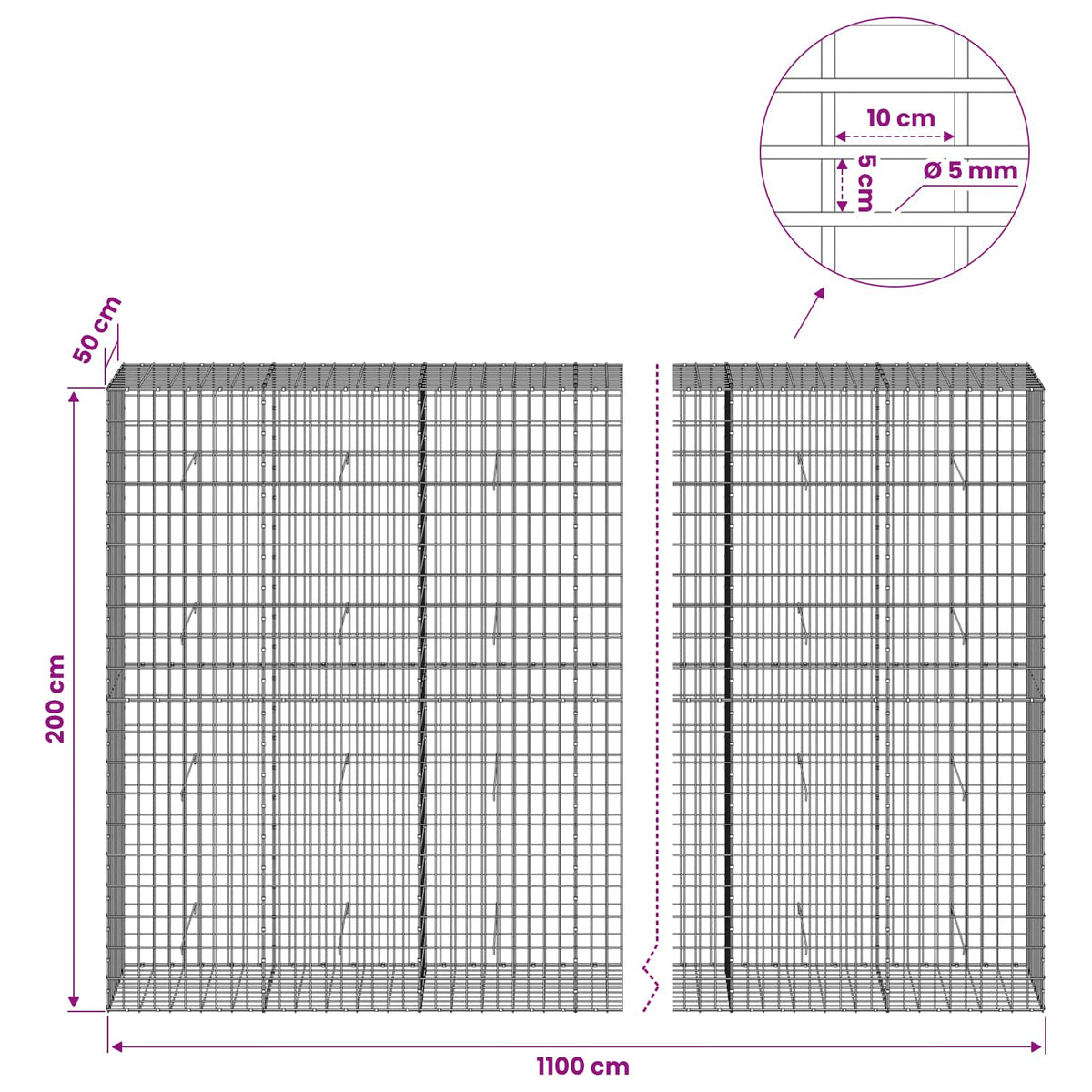 Gabionas su 5 mm viela ir 5x10 cm tinkleliu 1100x50x200 cm