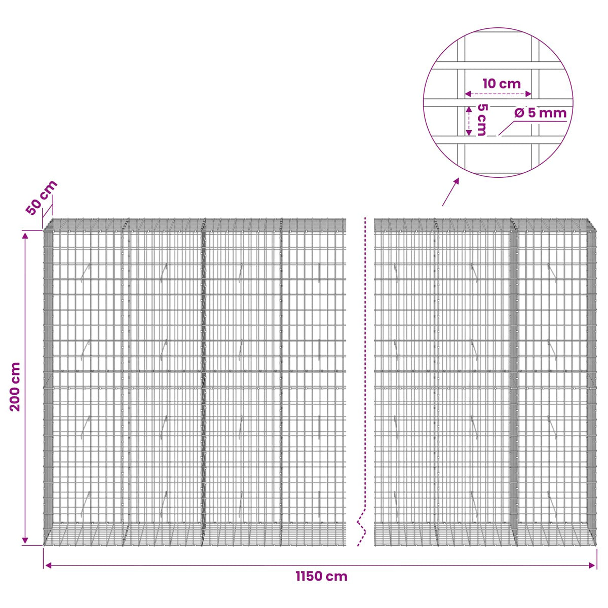 Gabionas su 5 mm viela ir 5x10 cm tinkleliu 1150x50x200 cm