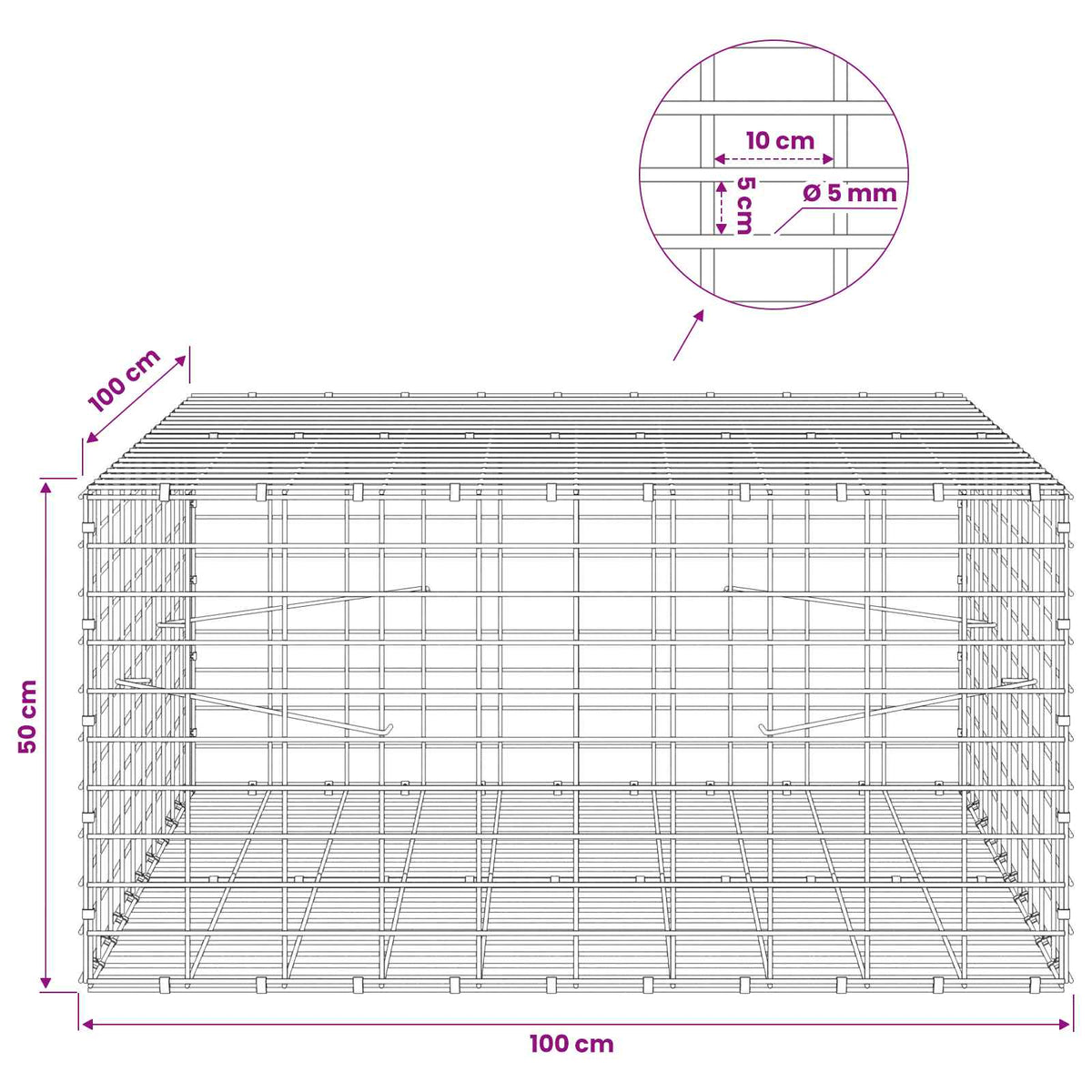 Gabionas su 5 mm viela ir 5x10 cm tinkleliu 100x100x50 cm