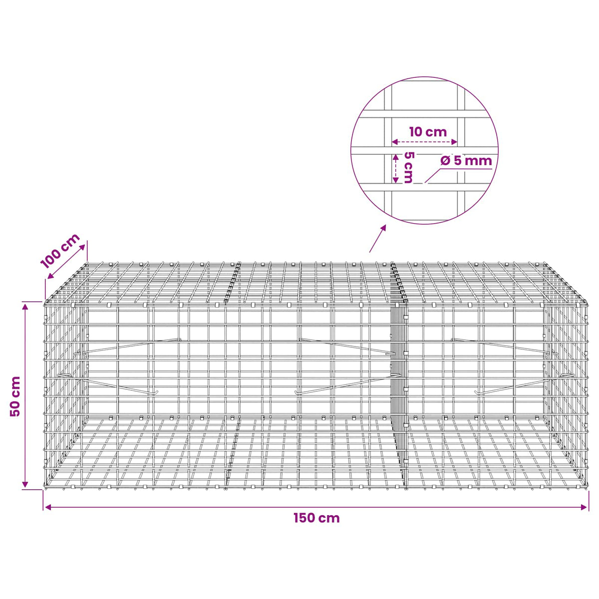 Gabionas su 5 mm viela ir 5x10 cm tinkleliu 150x100x50 cm