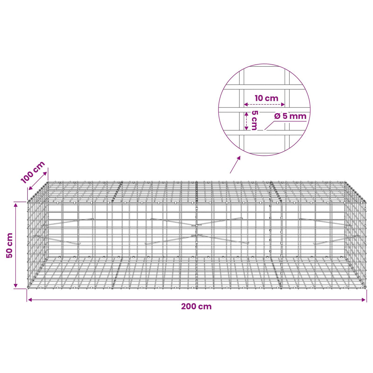 Gabionas su 5 mm viela ir 5x10 cm tinkleliu 200x100x50 cm