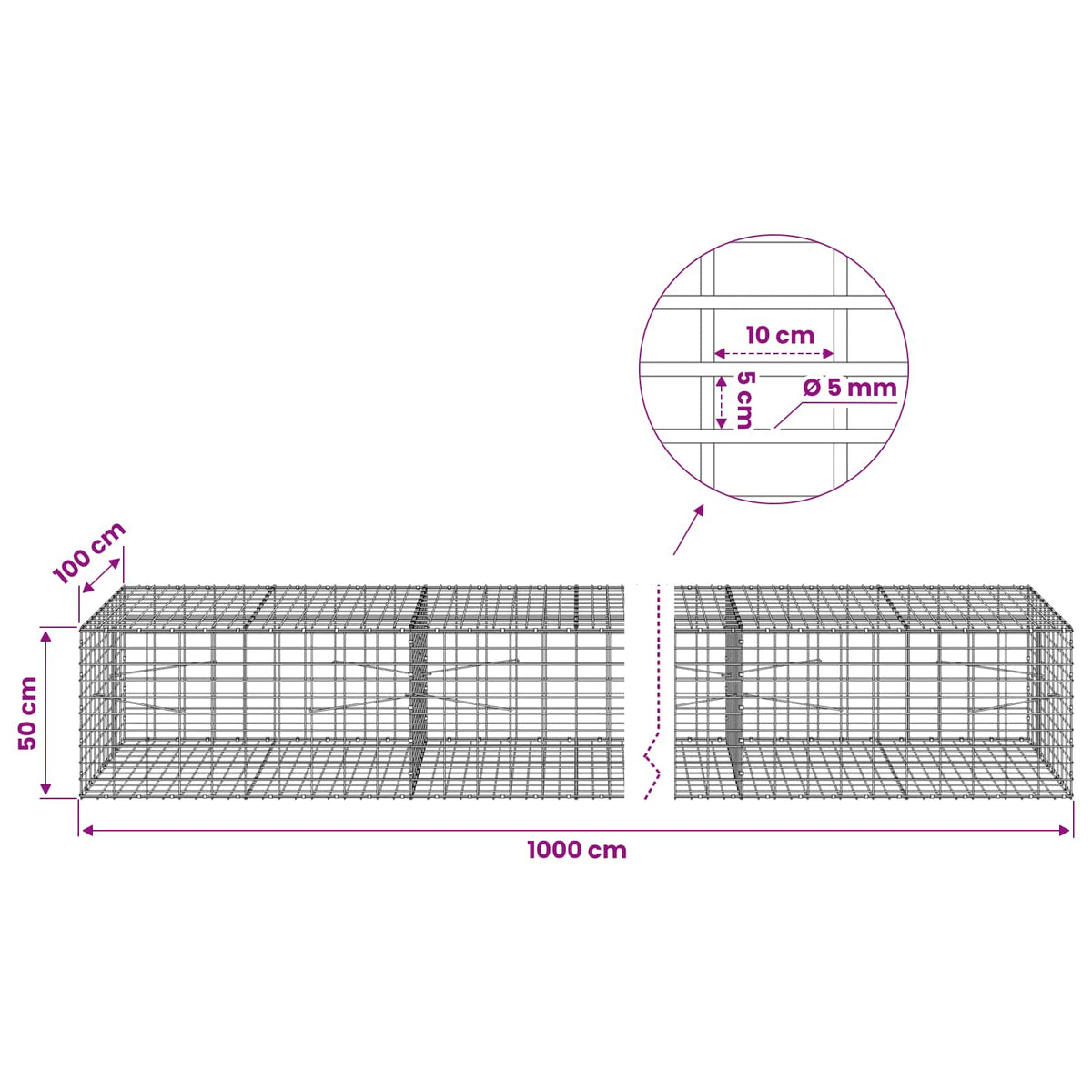 Gabionas su 5 mm Viela ir 5x10 cm Tinkleliu 1000x100x50 cm