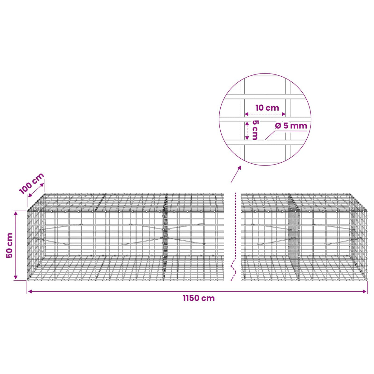 Gabionas su 5 mm viela ir 5x10 cm tinkleliu 1150x100x50 cm