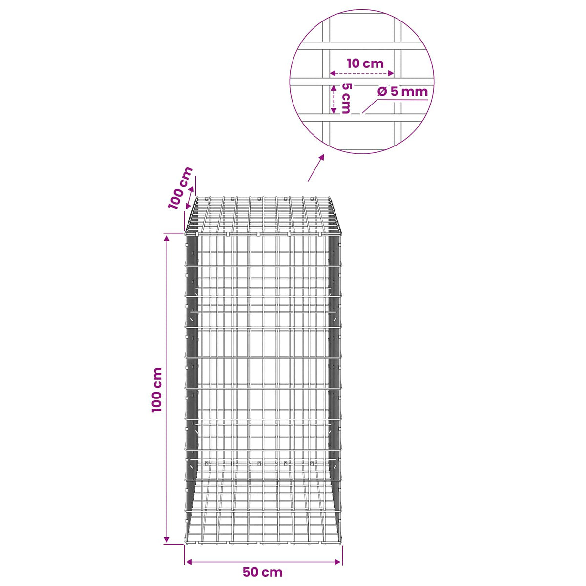 Gabionas su 5 mm Viela ir 5x10 cm Tinkleliu 50x100x100 cm