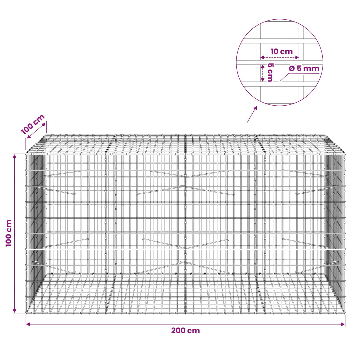 Gabionas su 5 mm Viela ir 5x10 cm Tinkleliu 200x100x100 cm