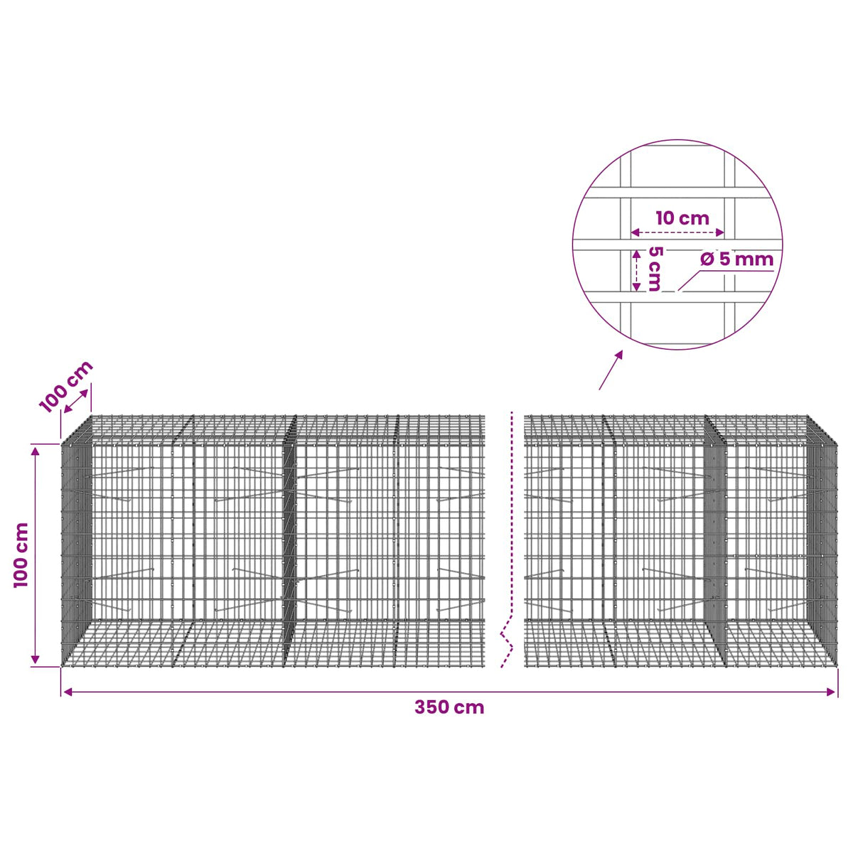 Gabionas su 5 mm viela ir 5x10 cm tinkleliu 350x100x100 cm