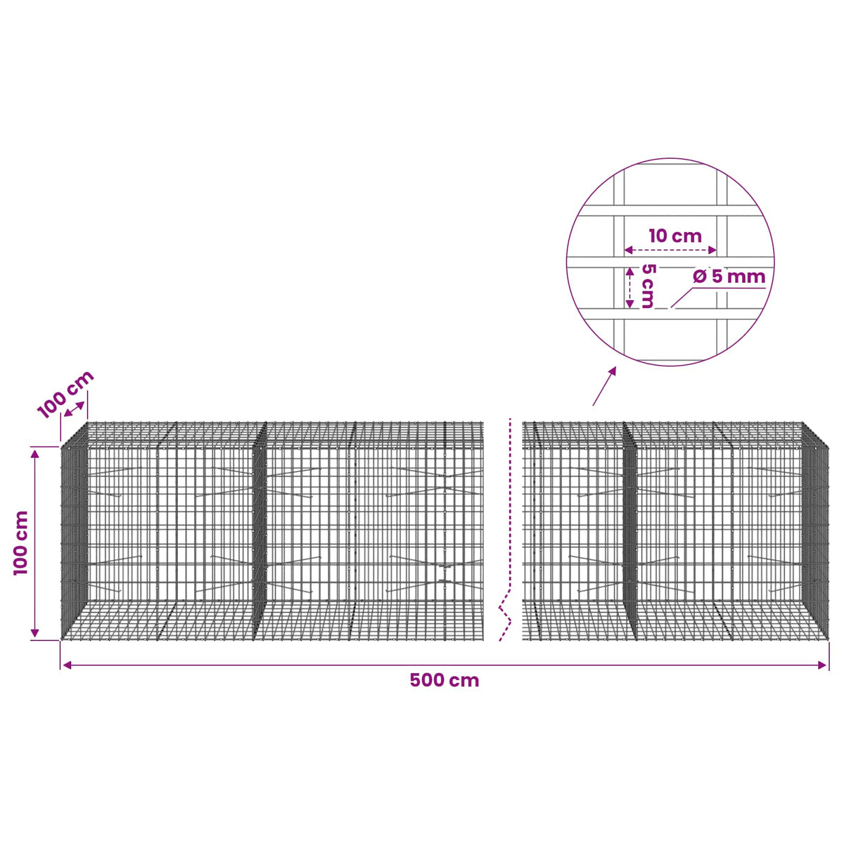 Gabionas su 5 mm Viela ir 5x10 cm Tinkleliu 500x100x100 cm