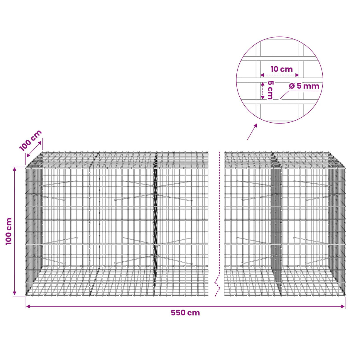 Gabionas su 5 mm Viela ir 5x10 cm Tinkleliu 550x100x100 cm