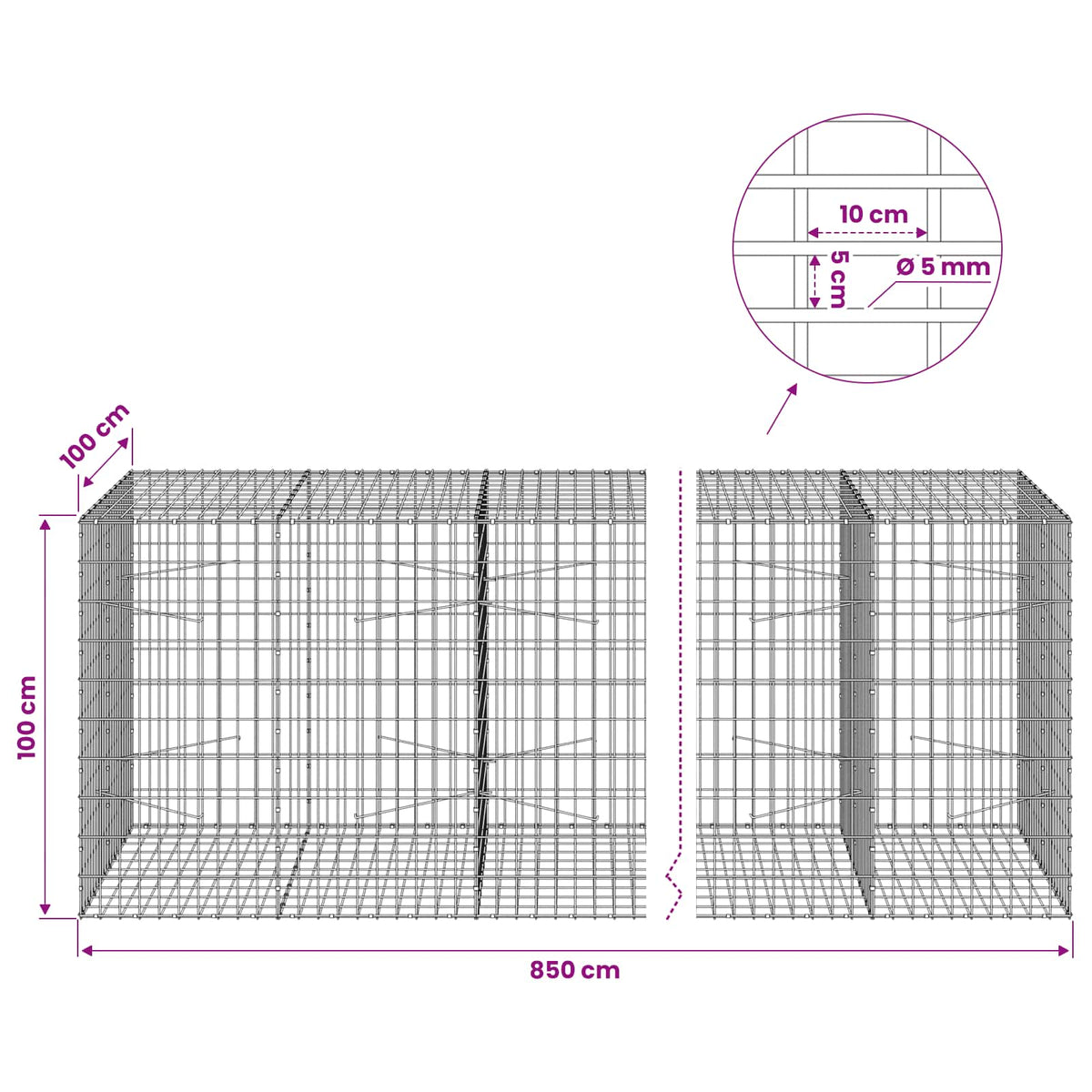 Gabionas su 5 mm viela ir 5x10 cm tinkleliu 850x100x100 cm