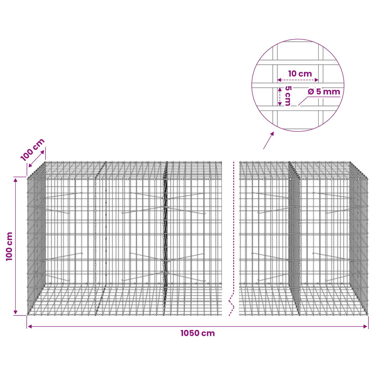 Gabionas su 5 mm viela ir 5x10 cm tinkleliu 1050x100x100 cm