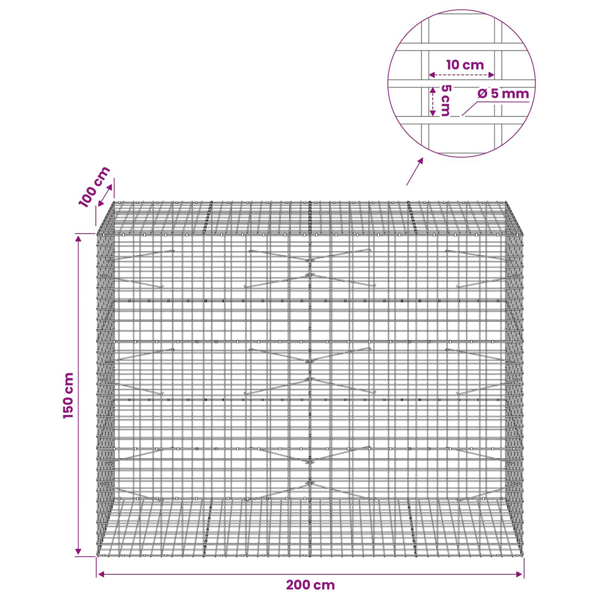 Gabionas su 5 mm viela ir 5x10 cm tinkleliu 200x100x150 cm