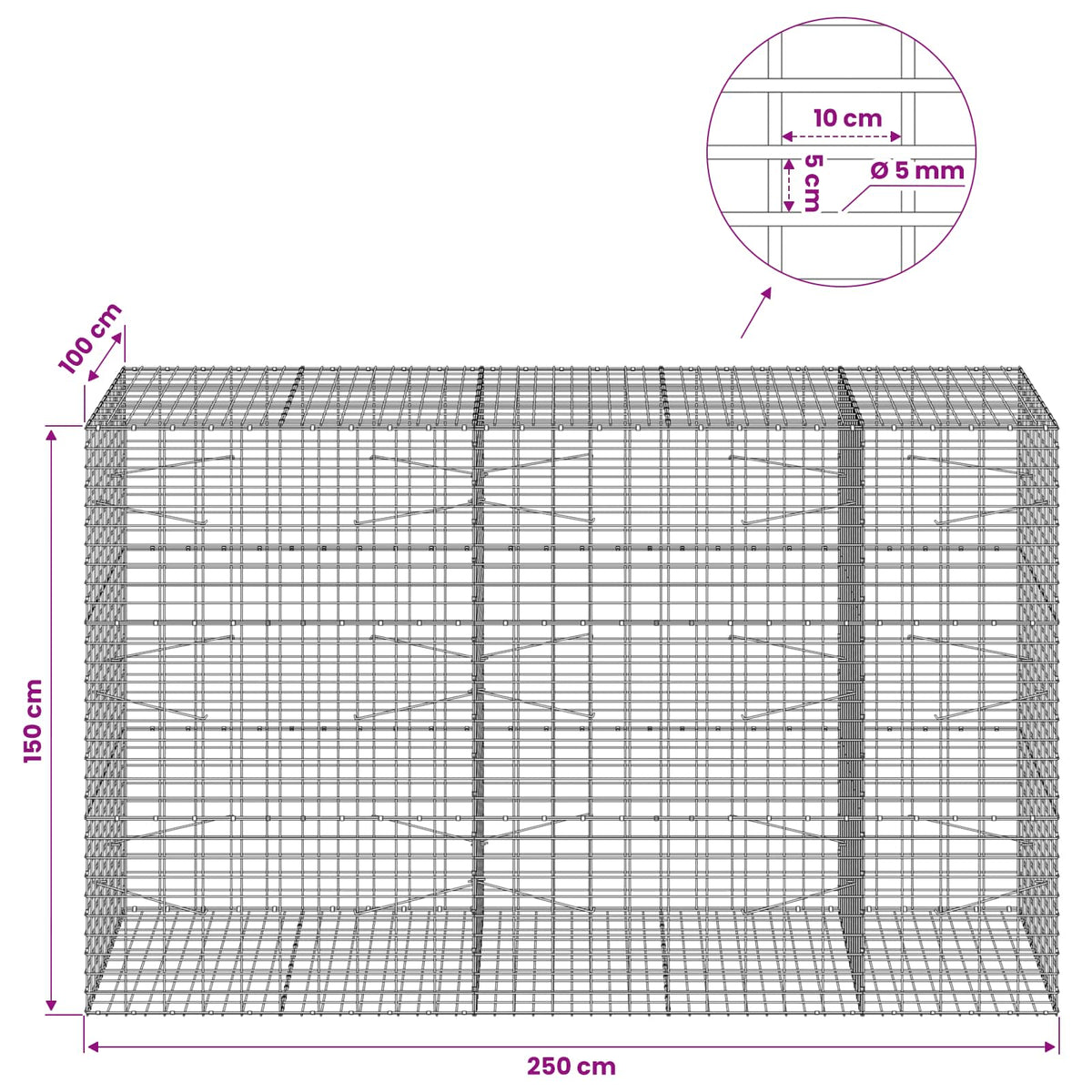 Gabionas su 5 mm viela ir 5x10 cm tinkleliu 250x100x150 cm