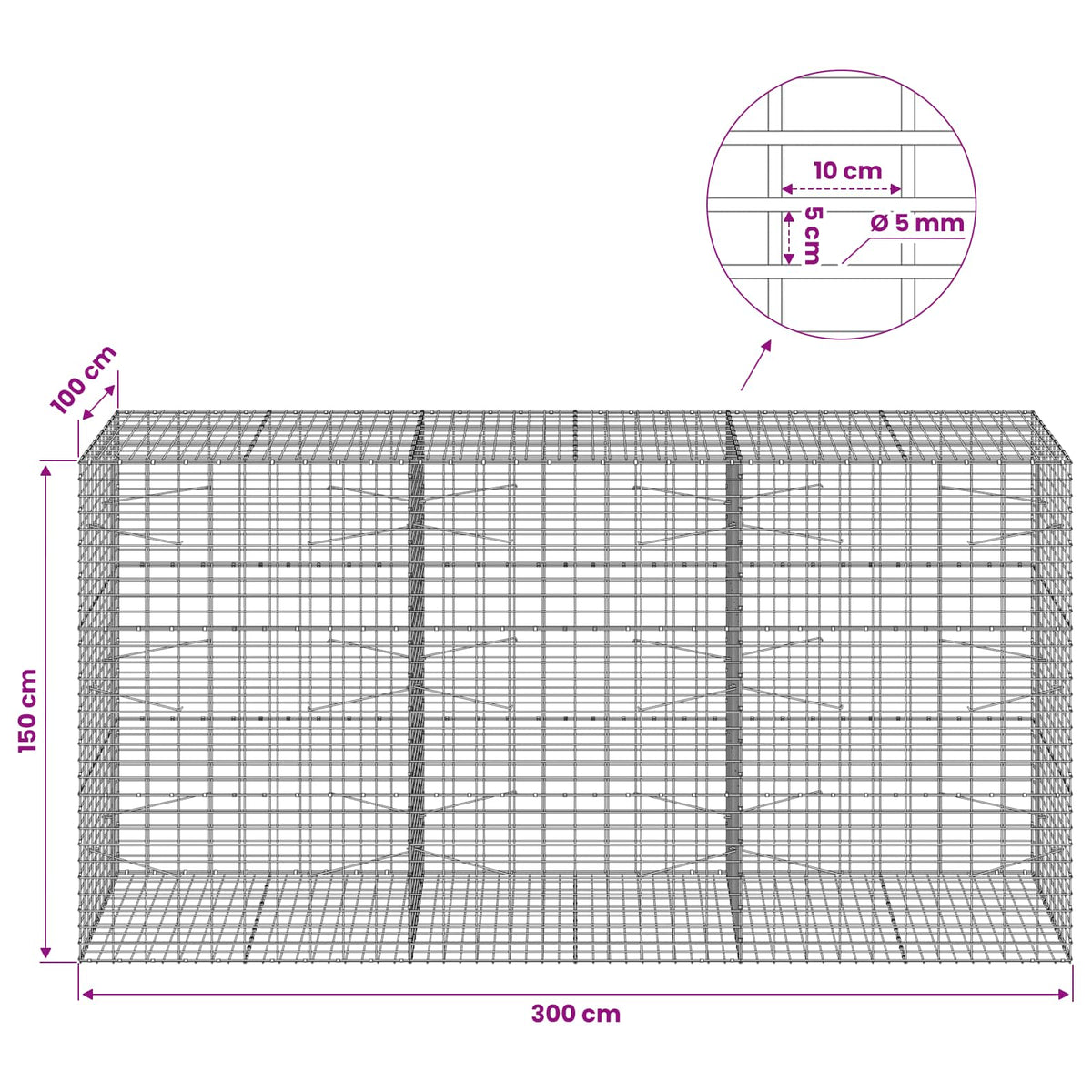 Gabionas su 5 mm viela ir 5x10 cm tinkleliu 300x100x150 cm