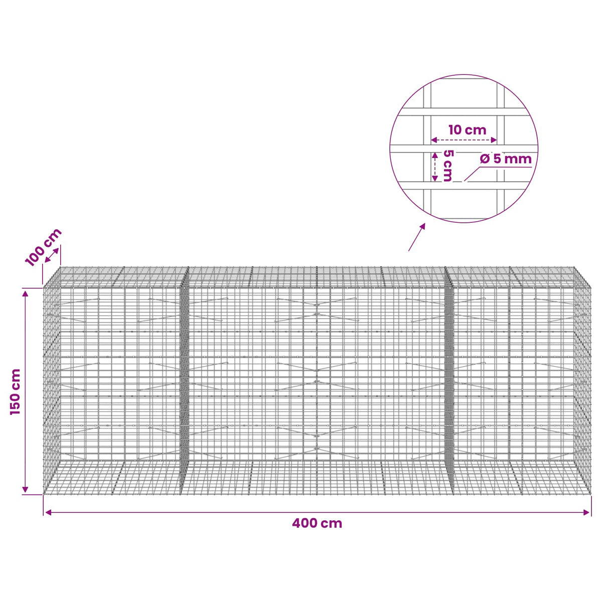 Gabionas su 5 mm viela ir 5x10 cm tinkleliu 400x100x150 cm