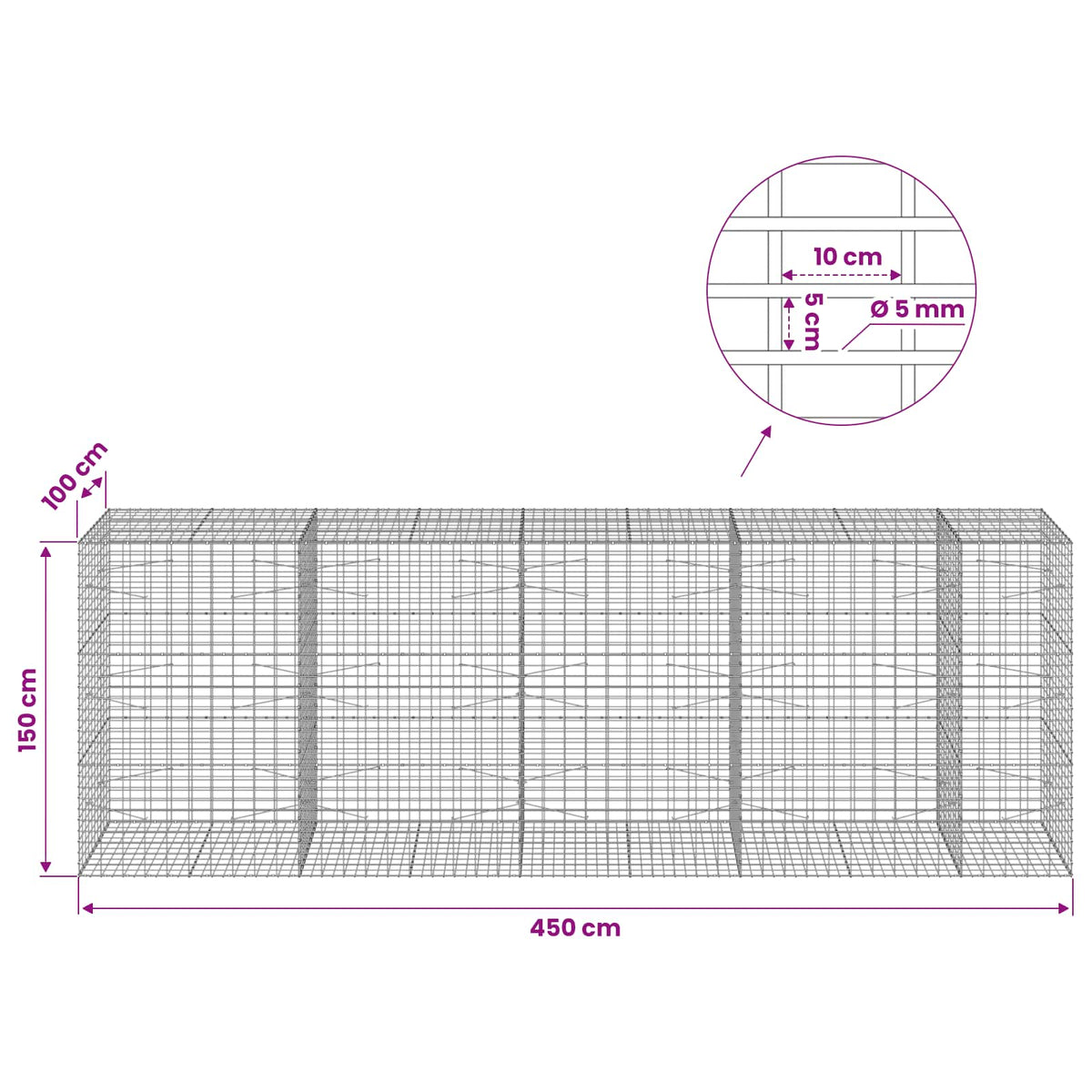 Gabionas su 5 mm viela ir 5x10 cm tinkleliu 450x100x150 cm