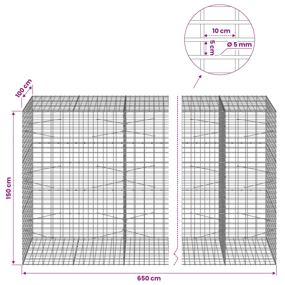 Gabionas su 5 mm viela ir 5x10 cm tinkleliu 650x100x150 cm