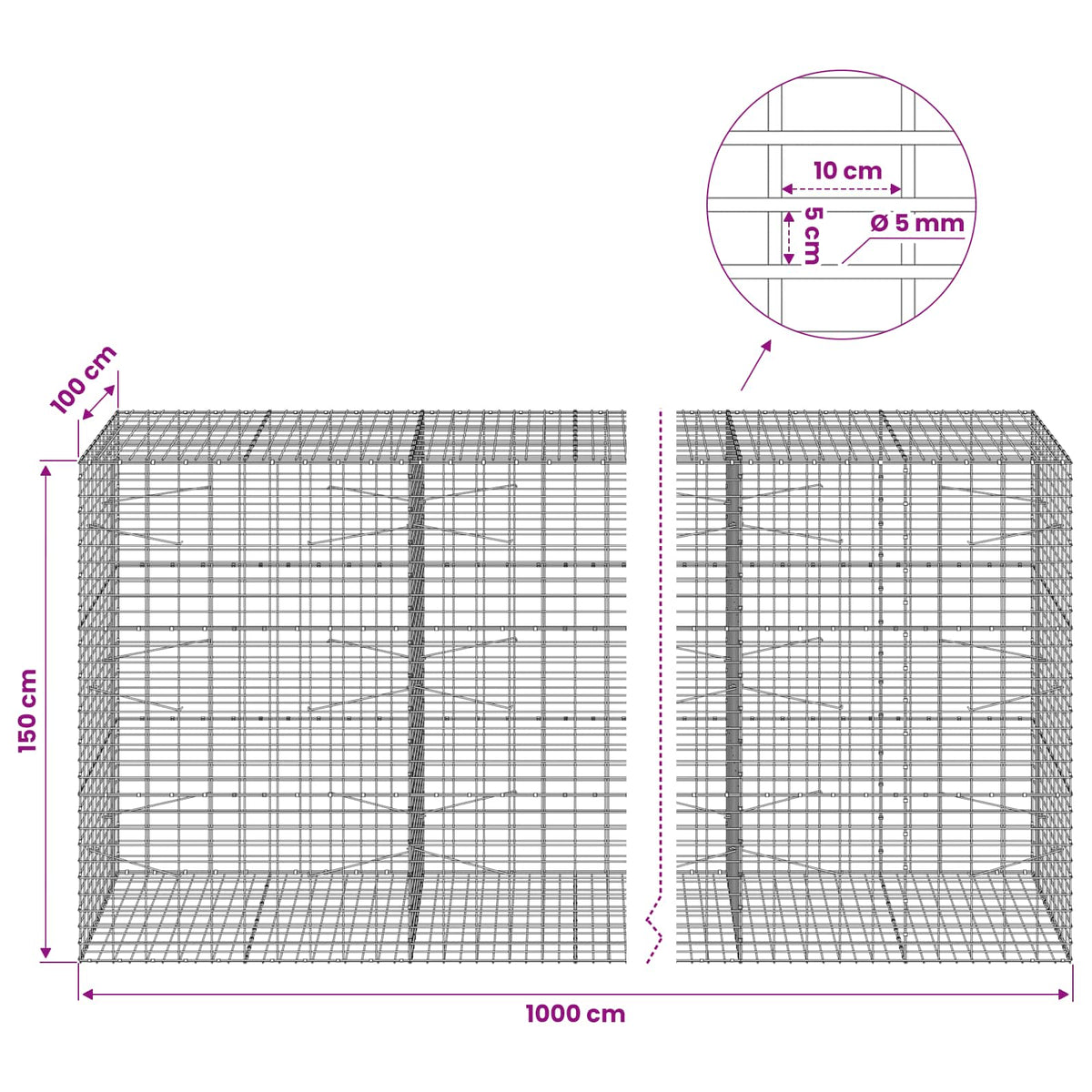 Gabionas su 5 mm viela ir 5x10 cm tinkleliu 1000x100x150 cm