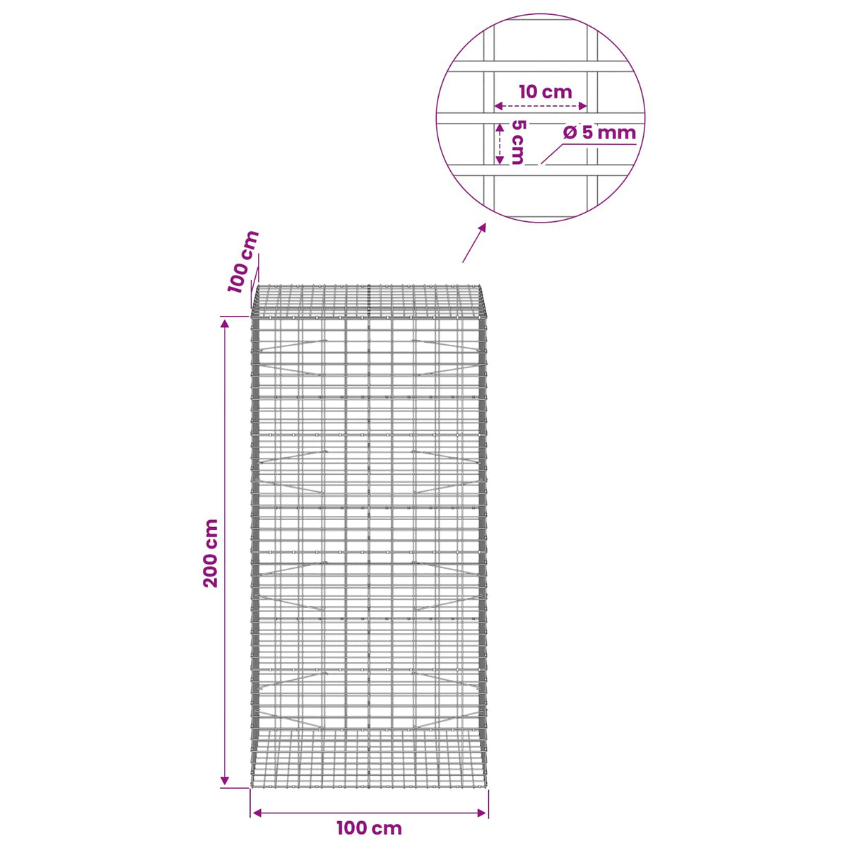 Gabionas su 5 mm viela ir 5x10 cm tinkleliu 100x100x200 cm
